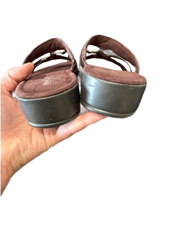 Minnetonka Sandals Brown Sabra Slides with Braided Leather Silver Accent - Picture 8 of 9
